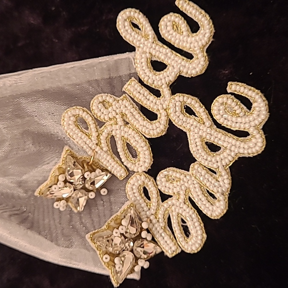 Bride earrings that say Bride.